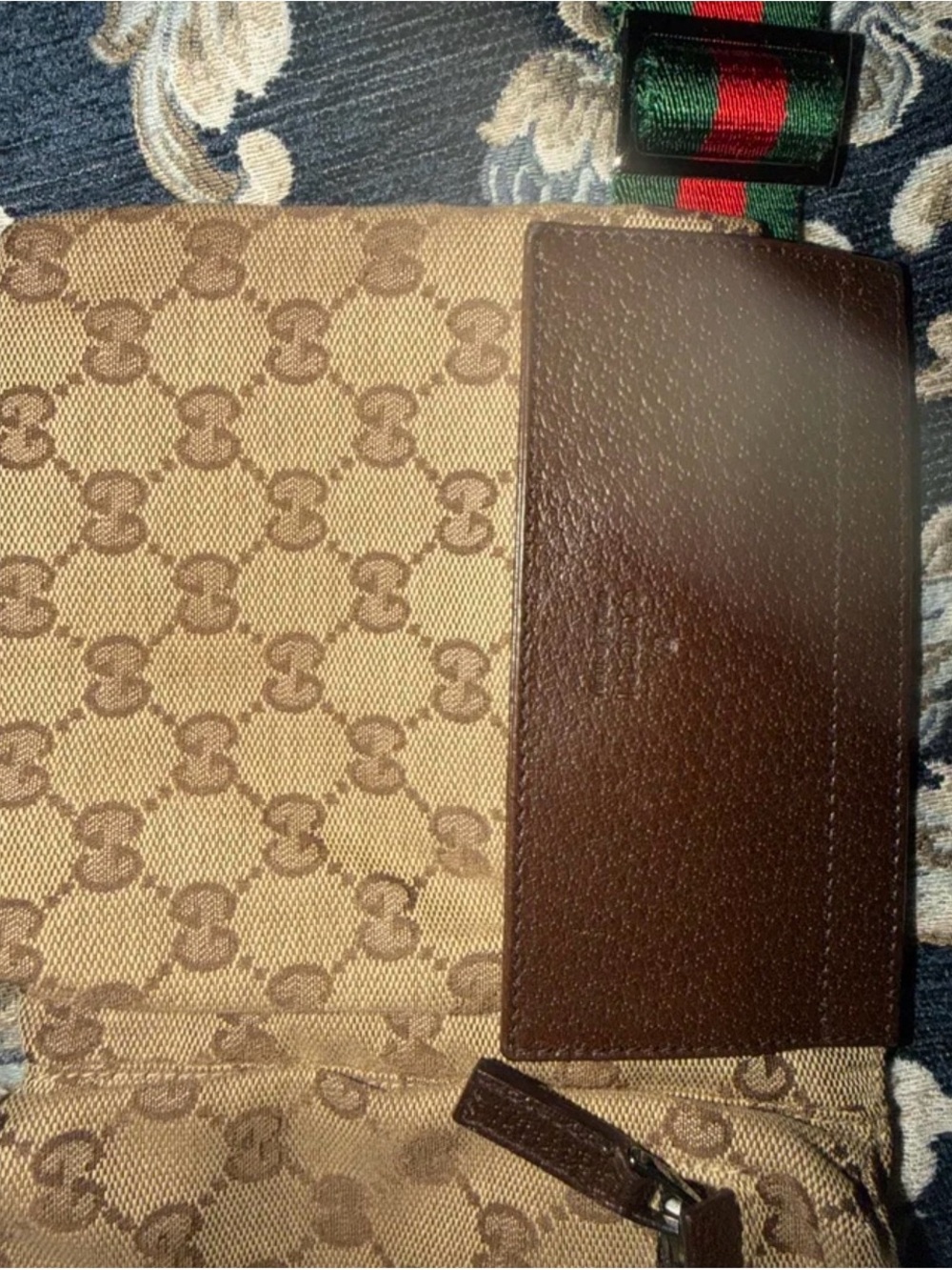 Gucci Brown GG Canvas Clutch with Green-Red Web Strap
